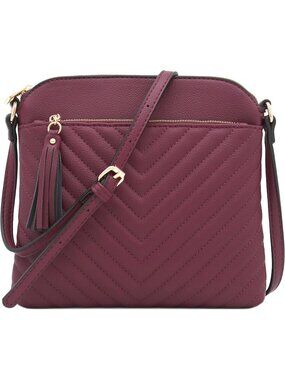 Women's Wine Smoke Chevron Quilted Medium Tassel Accent Shoulder Crossbody Bag